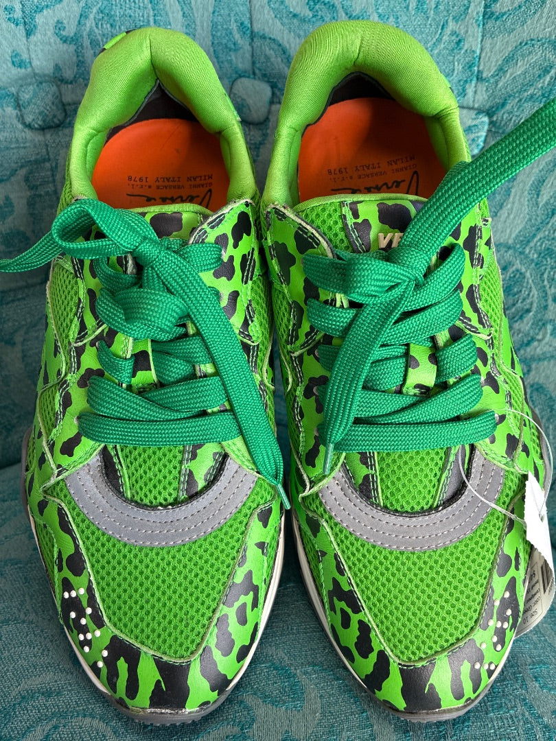 Versace Squalo Green and Black Leopard-print Sneakers, Women 9.5, Men’s 7.5