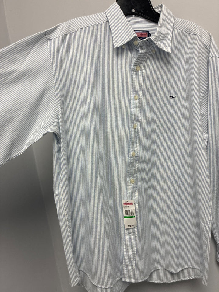 vineyard vines Men’s Long Sleeve Wale Shirt White Blue Stripes Men’s Button Down Shirt - Large