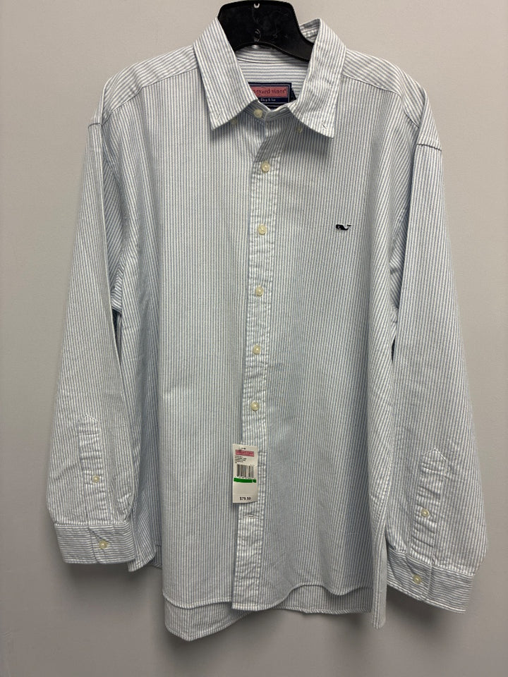 vineyard vines Men’s Long Sleeve Wale Shirt White Blue Stripes Men’s Button Down Shirt - Large
