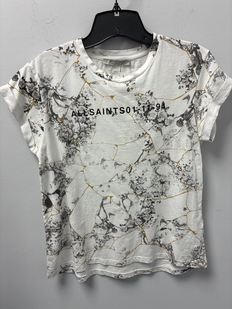 All Saints Women’s White T-Shirt with Black Flowers - Small