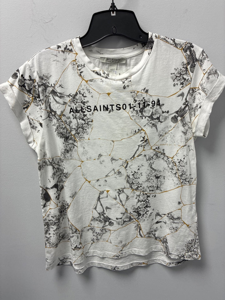 All Saints Women’s White T-Shirt with Black Flowers - Small