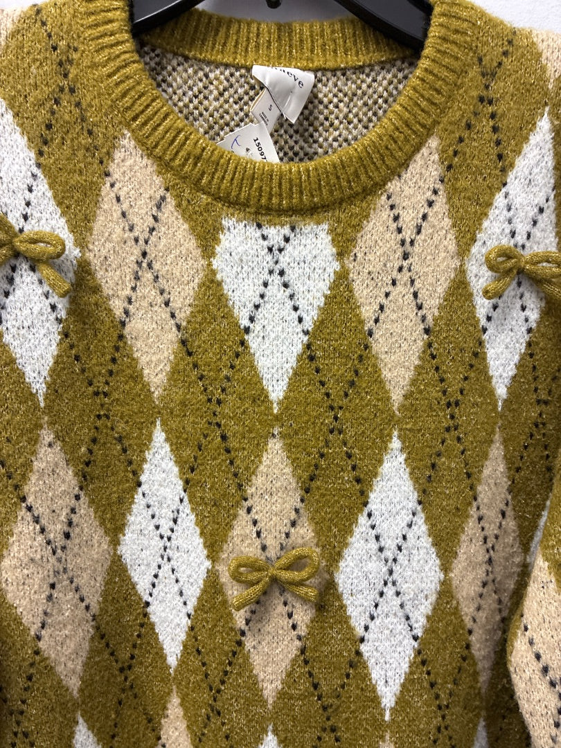 Maeve Argyle Sweater Green/Tan/White w/Bows Small
