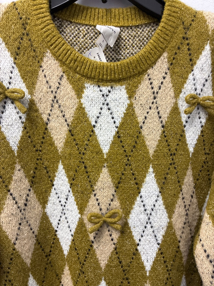 Maeve Argyle Sweater Green/Tan/White w/Bows Small