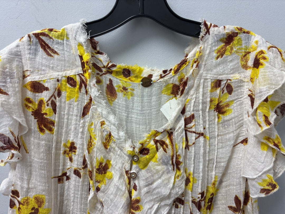 Free People Ruffle Short Sleeve White Yellow Brown Women’s Blouse - XL