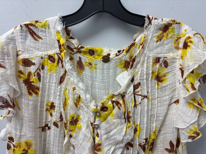 Free People Ruffle Short Sleeve White Yellow Brown Women’s Blouse - XL