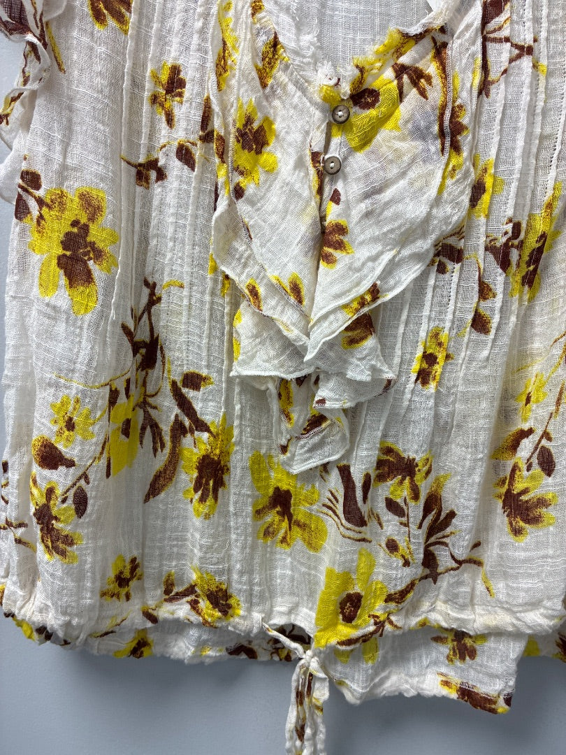 Free People Ruffle Short Sleeve White Yellow Brown Women’s Blouse - XL