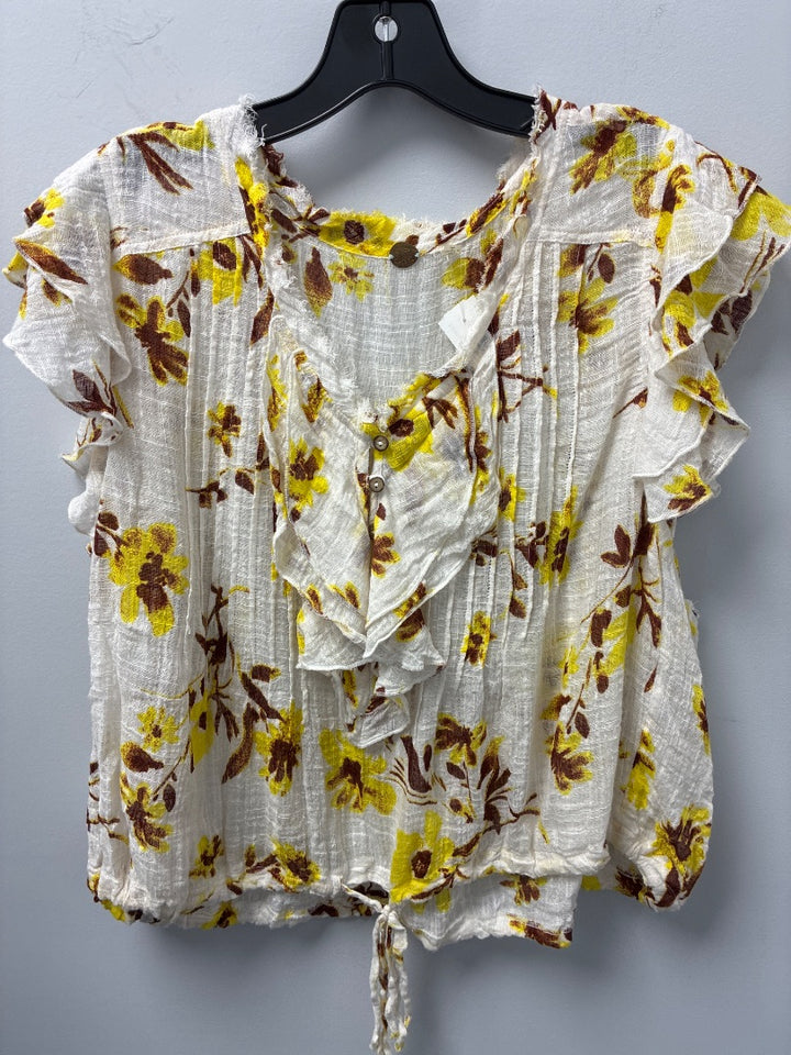 Free People Ruffle Short Sleeve White Yellow Brown Women’s Blouse - XL