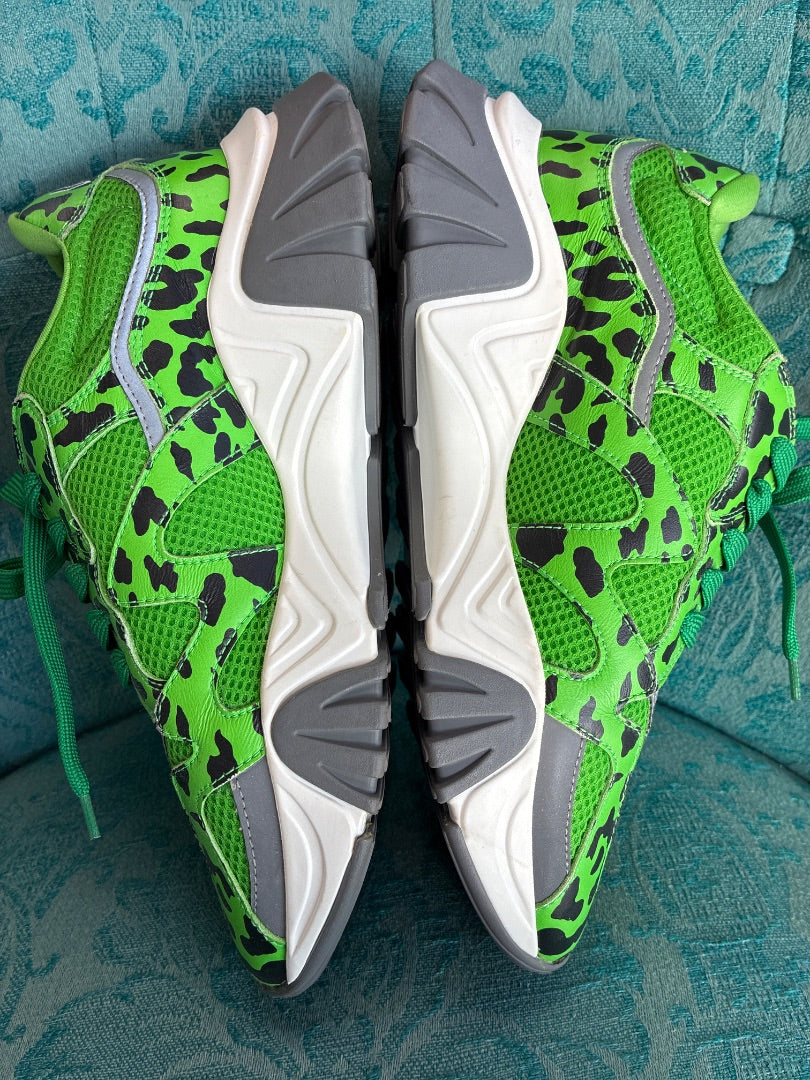 Versace Squalo Green and Black Leopard-print Sneakers, Women 9.5, Men’s 7.5