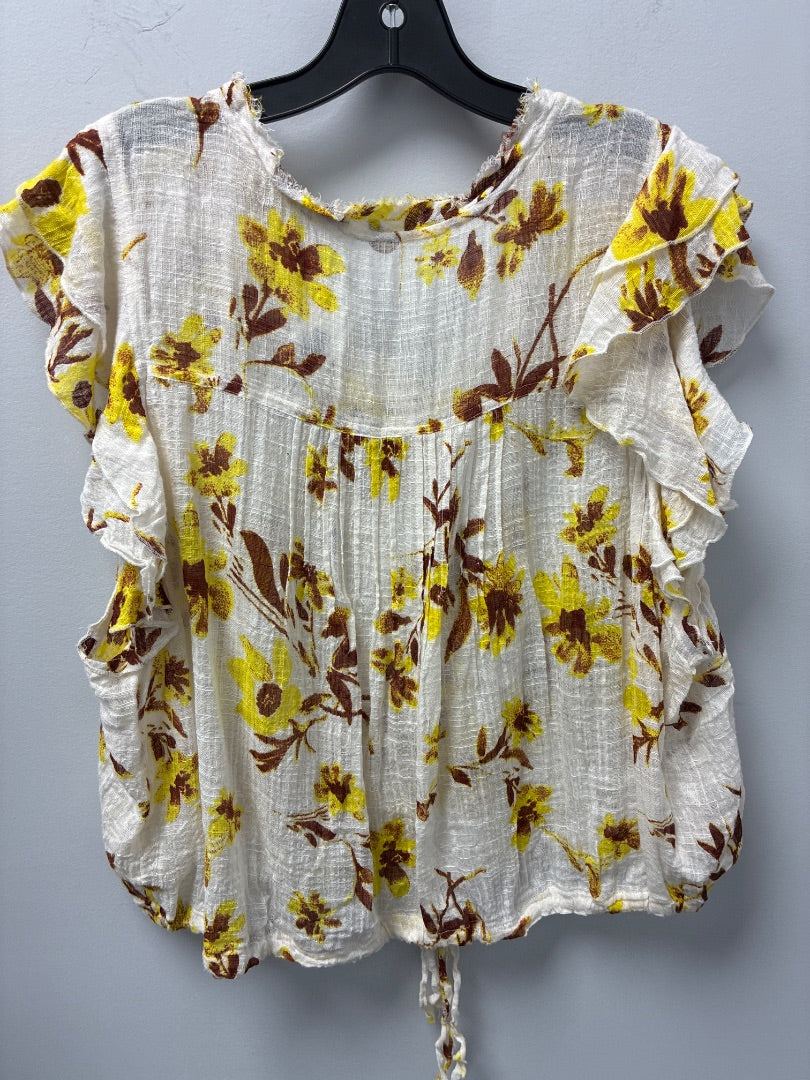 Free People Ruffle Short Sleeve White Yellow Brown Women’s Blouse - XL