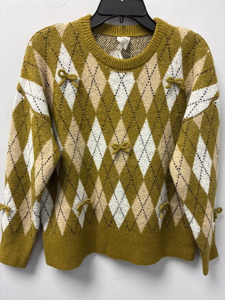 Maeve Argyle Sweater Green/Tan/White w/Bows Small