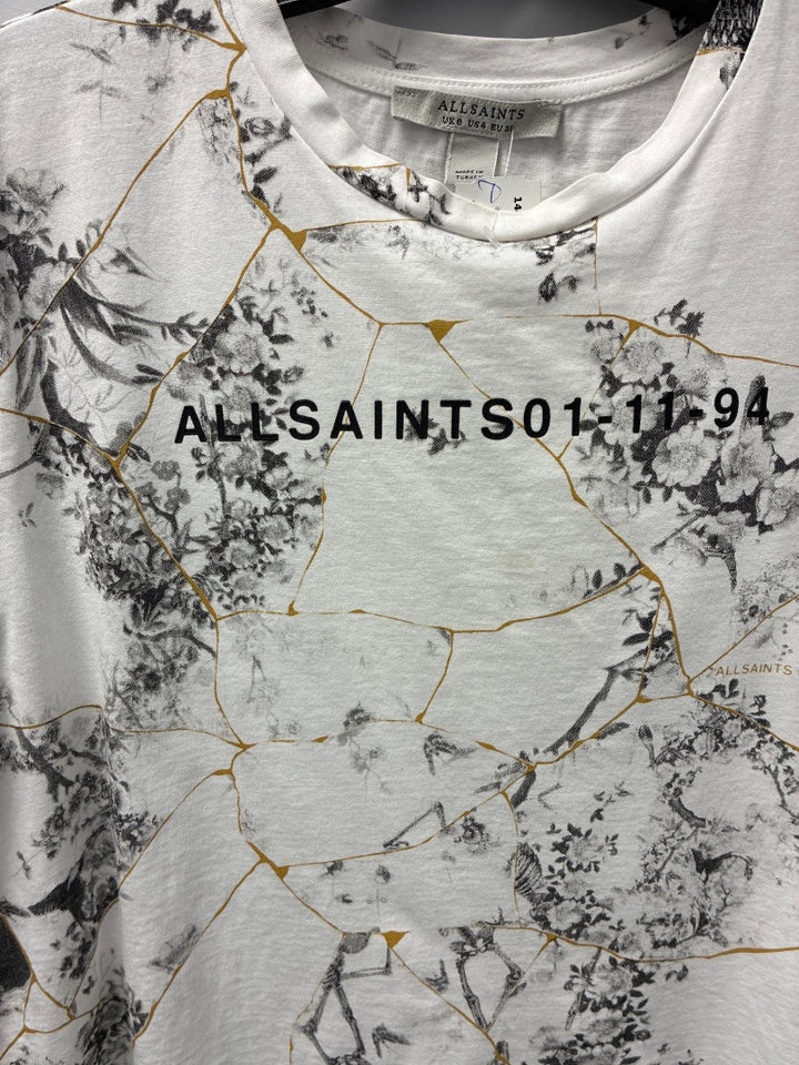 All Saints Women’s White T-Shirt with Black Flowers - Small